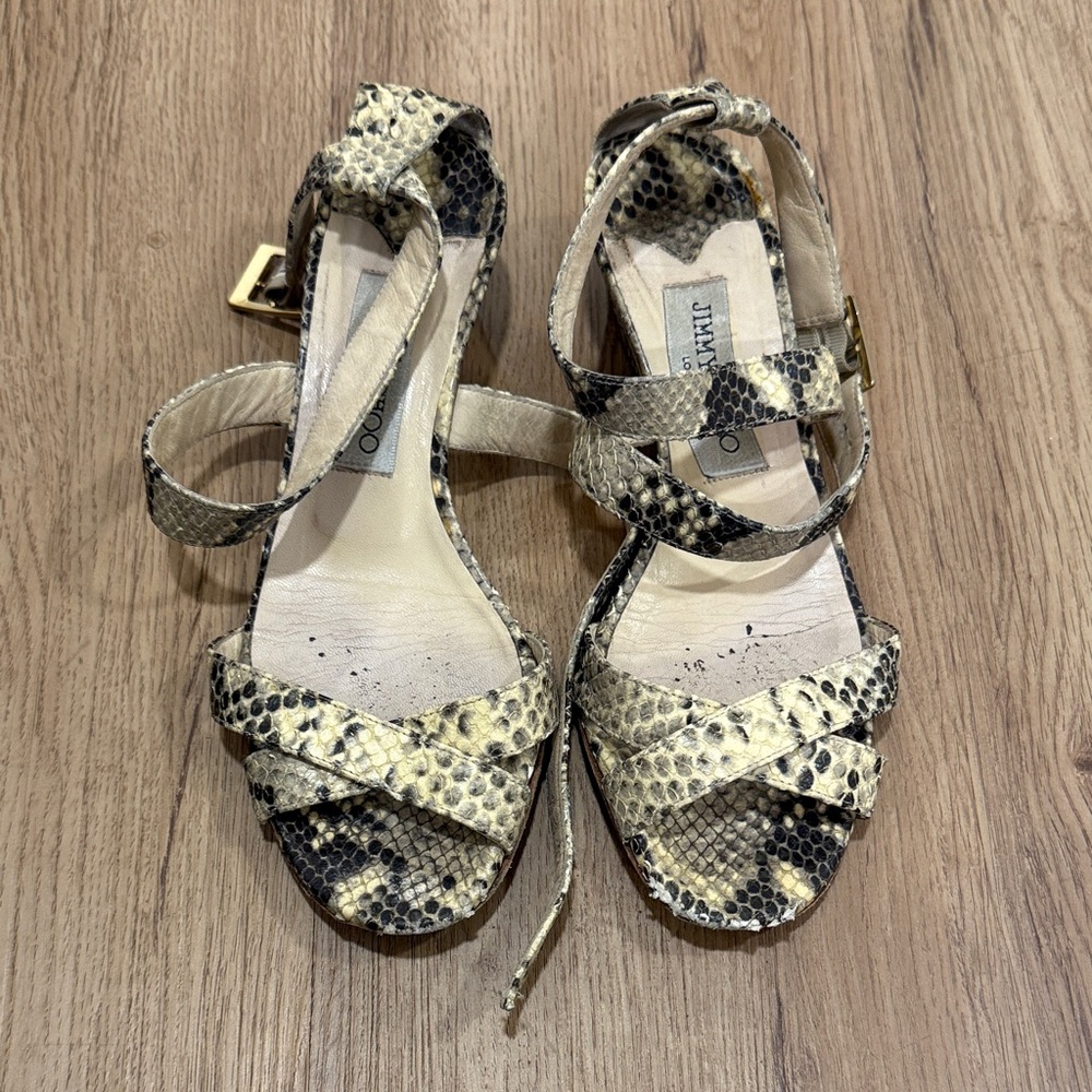 Jimmy Choo Black and Cream Snakeskin Sandals